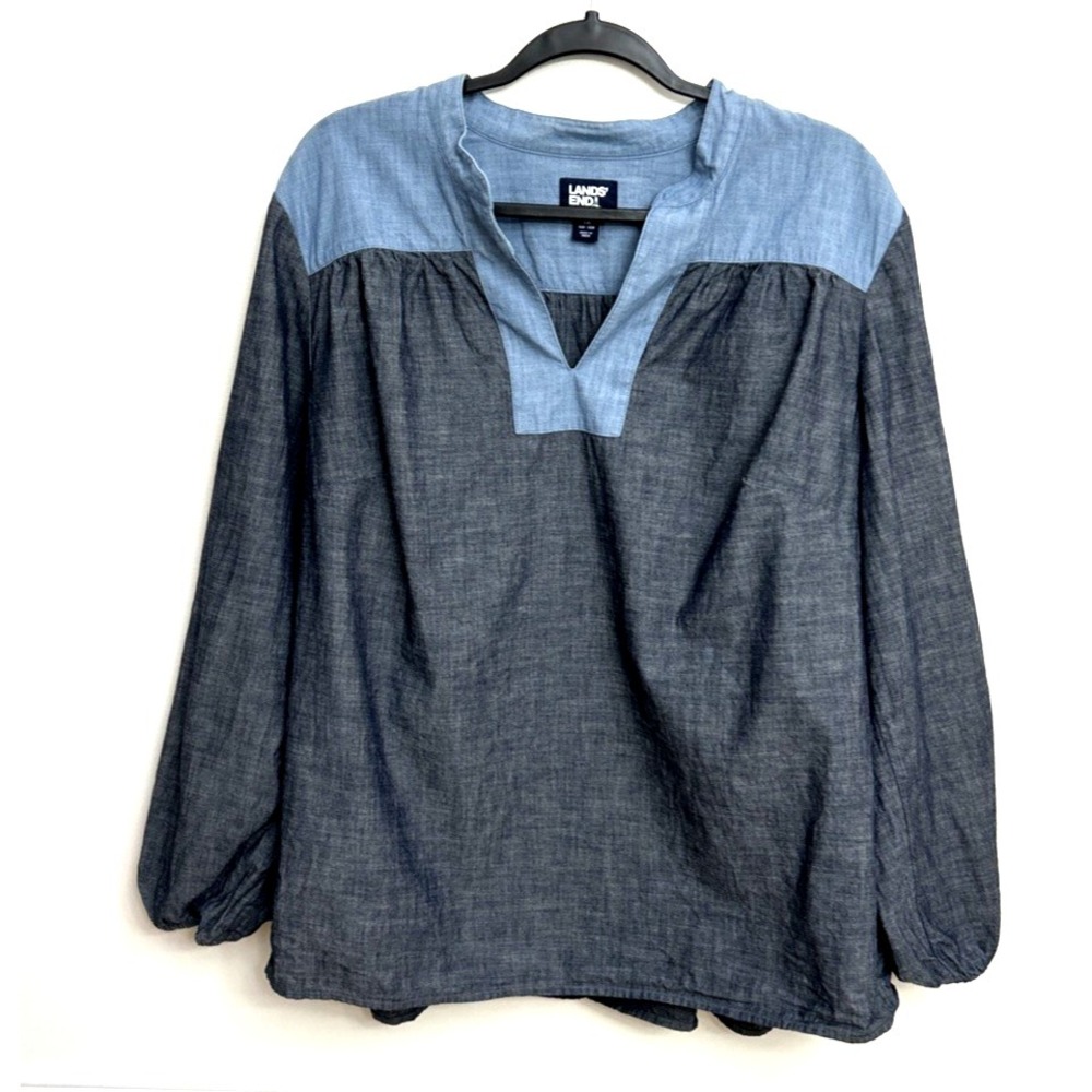 Lands' End Chambray Peasant Blouse Top Women's Plus Size 1X 16W-18W Blue